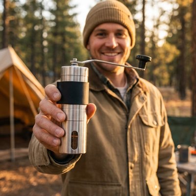 Moulin a café présenter par une personne en camping