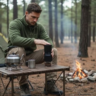 Moulin a café rechargeable sur table avec tasse et bouilloire