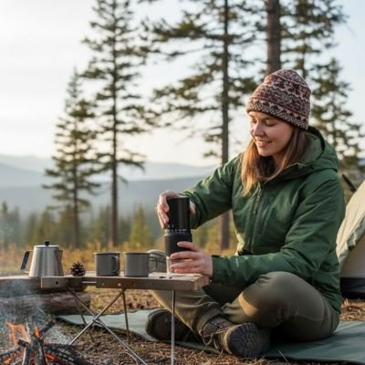 Moulin a café rechargeable sur table en camping