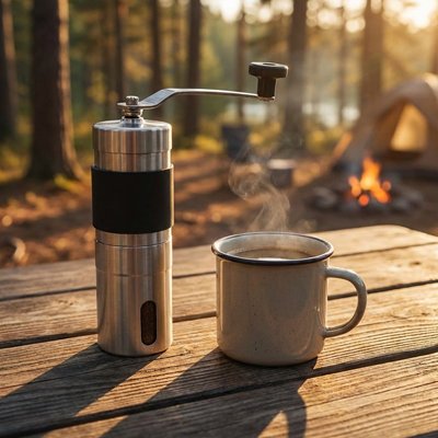 Moulin a café sur table an plein air dans le bois