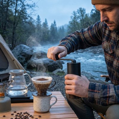 Moulin a café​avec une personne qui prépare son café