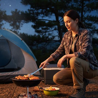 Pince barbecue avec femme en soirée prêt a dégusté