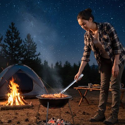 Pince barbecue avec femme faut la cuisson en pleine nuit