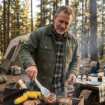 Pince barbecue avec homme qui fait cuir sur barbecue