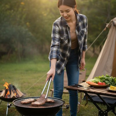 Pince barbecue avec table et aliment en extérieur