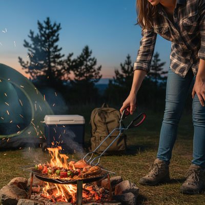 Pince barbecue campeur qui prépare le repas en soiré