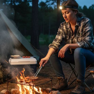 Pince barbecue femme cuit le diner sur feu de camp