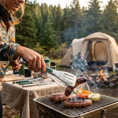 Pince barbecue femme prenant saussice pret de la table