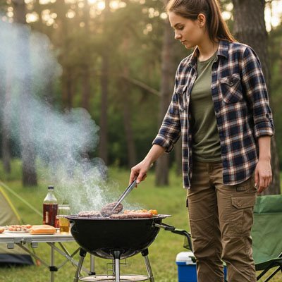 Pince barbecue femme prépare hamburger en camping