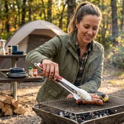 Pince barbecue femme prépare le repas en camping