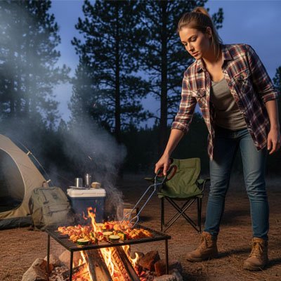 Pince barbecue femme qui cuit les aliment sur le feu camp