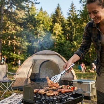 Pince barbecue femme qui prépare le repas en plein air
