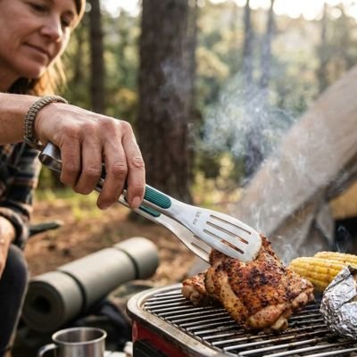 Pince barbecue femme qui prépare le repas