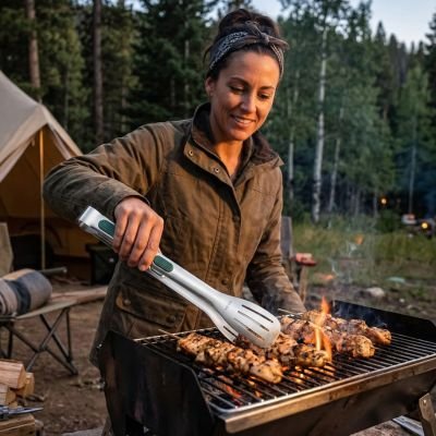 Pince barbecue femme qui retourne des grillades 