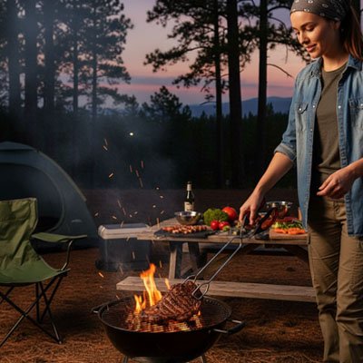 Pince barbecue femme qui retourne un steak su le feu