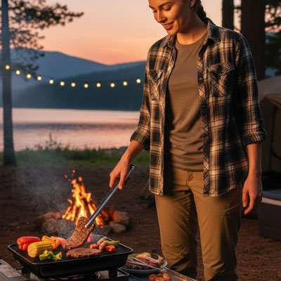 Pince barbecue femme retourne viande sur barbecue au lac