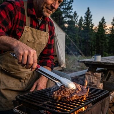 Pince barbecue homme qui fait cuire un steak en plein air