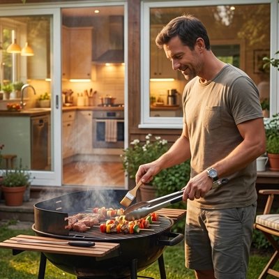 Pince barbecue​ Homme qui mets assaisonnement sur grillades