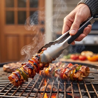 Pince barbecue​ homme qui prend brochette sur barbecue