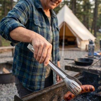 Pince barbecue homme qui prend une saucisse grillé