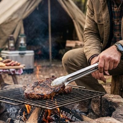 Pince barbecue homme qui retourne viande sur feu de camp