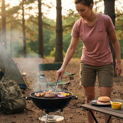 Pince barbecue personne prépare déjeuner sur barbecue