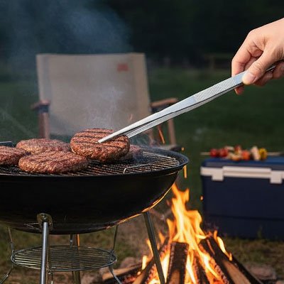 Pince barbecue personne qui retourne boulette de viande
