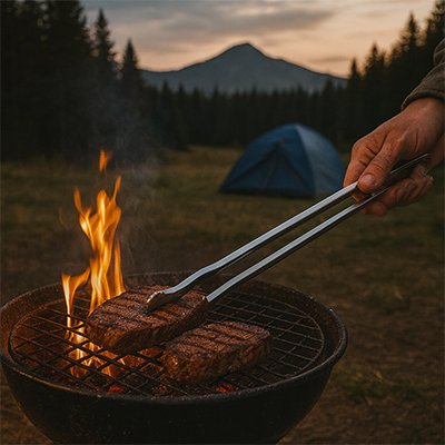 Pince barbecue qui prend son steak pour le repas