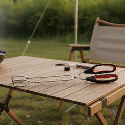 Pince barbecue style ciseau sur table extérieur