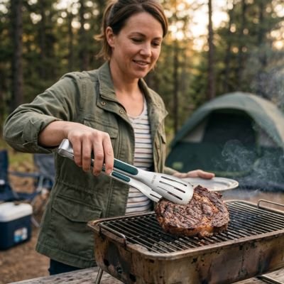 Pince barbecue tournant un steak sur le réchaud