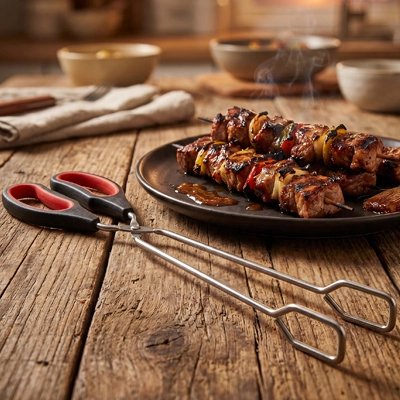 Pince barbecue​sur la table a coté d'une assiette de brochette