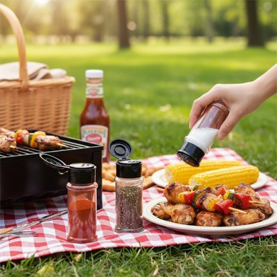 Pot a epice personne assaisonnant des grillades sur la table