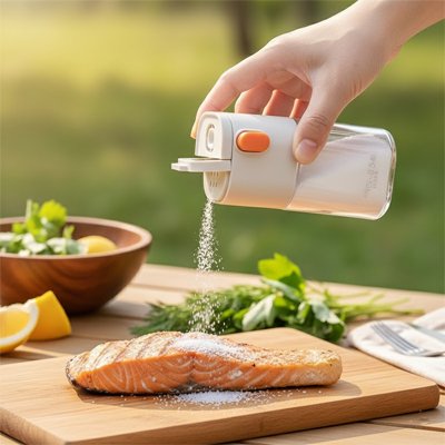 Pot a epice personne versant du sel sur poisson