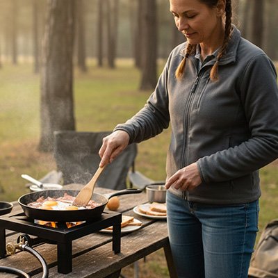 Réchaud gaz simple femme cuit oeuf