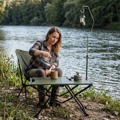 Table de Camping avec femme prenant son thé chaud
